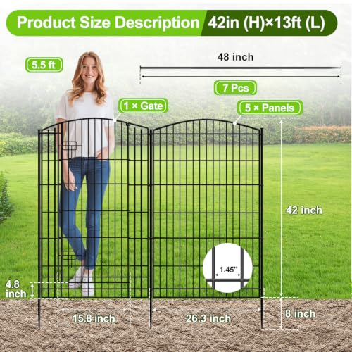 INJOPEXI Decorative Garden Fence 6 Panels 13ft (L)×42in (H) Animal Barrier Fences with 5 Panels + 1 Gate, No Dig Garden Fencing Rustproof Metal Wire Temporary Rabbit Dog Fence for Patio Outdoor Yard - size: 6 Panels 13ft(L)-42"(H) - With Gate