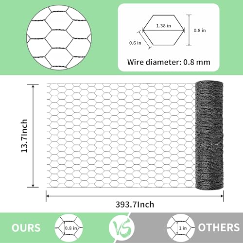 Chicken Wire 13.7 in x 393.7 in Poultry Wire Netting Hexagonal Galvanized Mesh Garden Fence Barrier for Pet Rabbit Chicken Fencing with 100 Pcs Cable Zip Ties(PVC-Coated) - color: Black, size: 13.7"x393.7"+100Ties