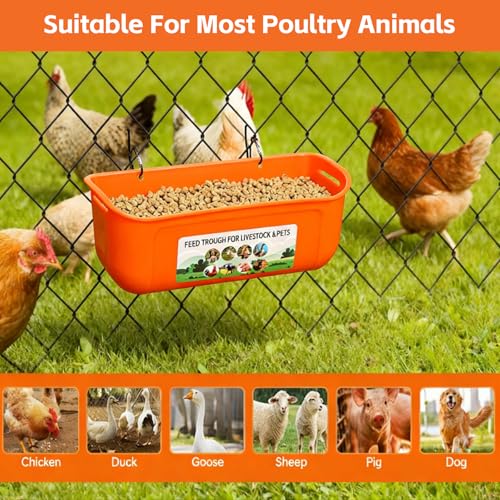 6 Pack Hanging Chicken Feeder Trough, Duck Feeder for Outside with Clips, Water Trough for Duck Goose Goat Pig Deer, Durable Poultry Feeding Water Container, Orange