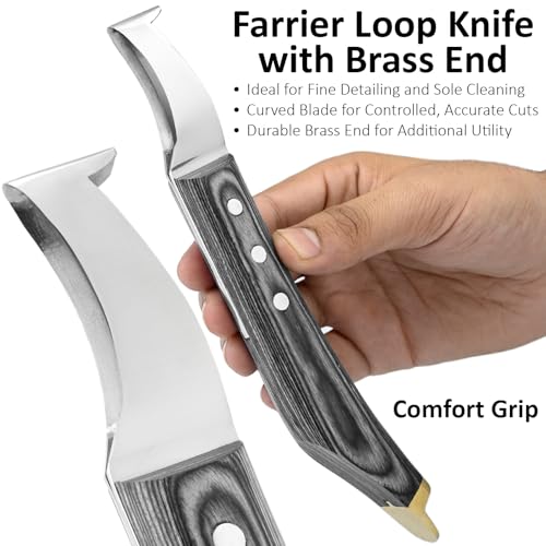 Premium Farrier Loop & Hoof Knife with Brass End – Professional Hoof Trimming Tool for Horses, Cows & Livestock, Stainless Steel Blade, Ergonomic Wood Handle (Black) - color: Black