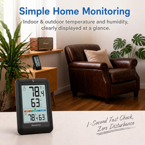 Newentor Indoor Outdoor Thermometer Wireless with 24H/48H/ALL-TIME High Low | Big Number 4" Display, Inside Outside Temp & Humidity, Comfort Indicator, Weather Station for House Patio, Black, 3 Sensors - color: Black, size: with 3 sensor