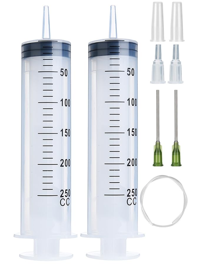 2 Pack 250ml Syringes with 55.1” Tube and Needle 14G 1.5”, Sterile Syringe with Cap Individually Packaged for Scientific Labs, Measuring, Watering, Refilling - style: 250 ml