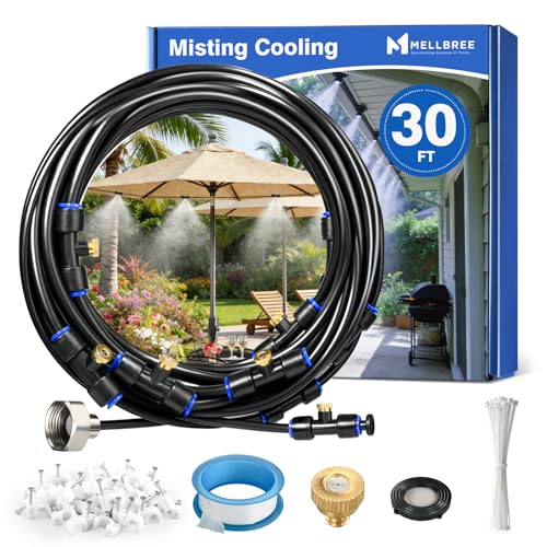 Mellbree Misters for Outside Patio 30FT/9M, Pre-Assembled Misting Cooling System with 8 Brass Nozzles & 3/4" Adapter, Outdoor Mister for Backyard, Garden, Greenhouse, Chicken Coop, Dog House - size: 30FT