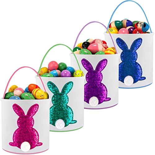 4 Pcs Easter Basket Bags Canvas Bunny Basket Egg Bag Bunny Tote Bag Easter Eggs Hunt Bucket Rabbit Fluffy Tails Party Celebrate Toys Carry Candy Egg Bucket Rabbit Print Buckets for Gift Sets - style: Paillette Bunny