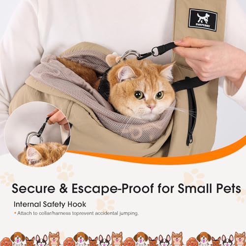 Dog Sling Carrier for Small Dogs & Cats 5-20 lbs, Adjustable Depth | Breathable Air Mesh Puppy Sling, Water-Resistant Travel Bag, Double Safety Leash, Machine Washable, Hands-Free Pouch, Caramel - color: Caramel