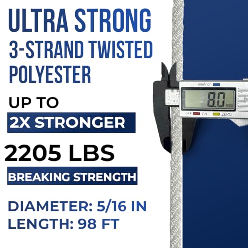 2205lbs Heavy Duty PP/Polyester/Nylon Rope, White, 5/16inX98FT | Weather-Resistant & Waterproof Rope for Pool, Camping, Construction & Rigging Applications - color: White, size: 5/16in X 98FT