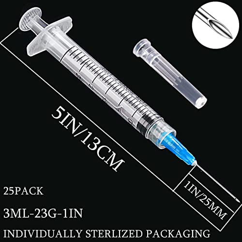 25 Pack 3ml/cc Plastic Luer Lock Syringa with 23Ga and Cap, Individually Sealed Wrapped, for Scientific Labs, Measuring Liquid, Refilling Cartridges or Glue Applicator - style: 25 Pack-3ml 23gauge