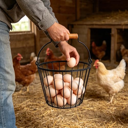 Metal Wire Egg Basket for Gathering Fresh Eggs,Round Egg Collection Basket | TAIANLE Black Farmhouse Egg Collecting Basket for Fresh Egg with Handle,Chicken Egg Holder Kitchen Countertop,Easter Egg Hunt