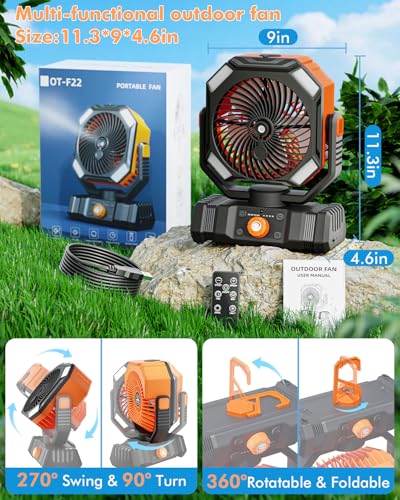 Portable Misting Fan with 20000mAh USB Rechargeable Battery, 250mL Water Tank & LED Lantern – Cooling Fan with Mister for Camping, Home, Tent, Beach, Picnic, Barbecue, Outdoor & Indoor Use