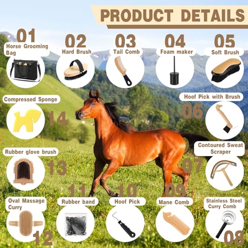 Abbylike 15 Pieces Horse Grooming Kit with Organizer Tote Bag Tack Room Supplies Horse Brush Sets Care Equine Cleaning Kit Shedding Grooming Massaging Tools(Black) - color: Black