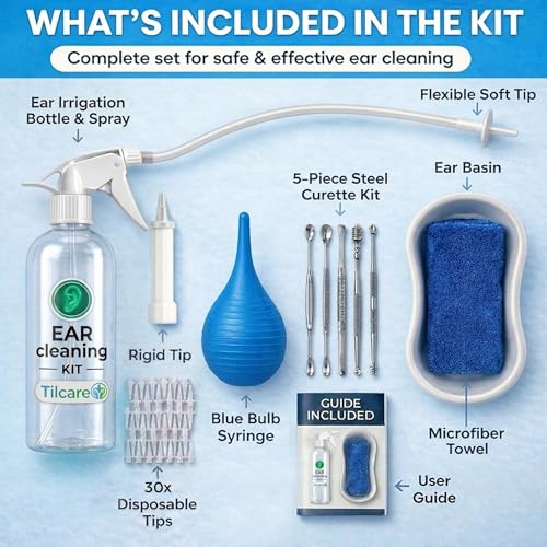 Ear Wax Removal Tool by Tilcare - Ear Irrigation Flushing System for Adults & Kids - Perfect Ear Cleaning Kit - Includes Basin, Syringe, Curette Kit, Towel and 30 Disposable Tips | Water Flush- Based Ear Cleaning Kit for Adults, Teens and Children | Inclu