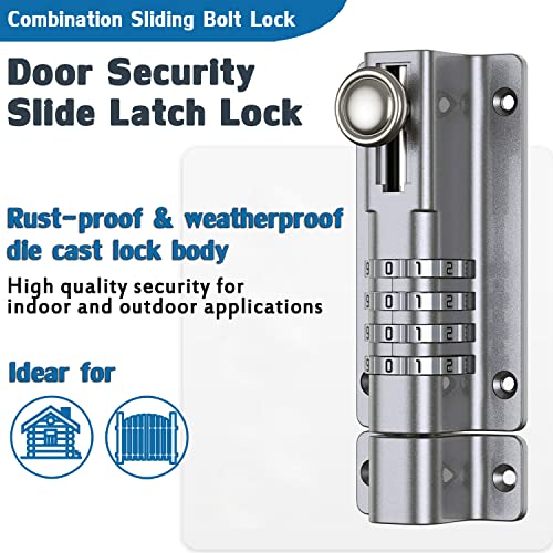 Combination Door Security Slide Latch Lock,V·RESOURCING® High Security 4 Digit Pin Dial Gate Lock for Sheds, Home Reinforcement, barns, Fences, childproofing, cupboards, Workshop - color: Combo Slide Lock Sliver - 1 Pack