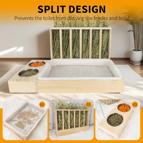 BESNEW 3 in 1 Rabbit Hay Feeder with Litter Box,Upgraded Wooden Hay Feeder Set for Guinea Pig Chinchilla Bunny Other Small Animals,Quick Cleaning & Large Capacity & Preventing Waste - color: Natural 2, size: 15.7in Style2