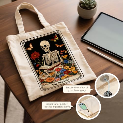 Aesthetic Canvas Tote Bag for Women - with Magnetic Snap Closure & Zipper Inner Pocket Reusable Totes Bag - color: Skeletonreading1