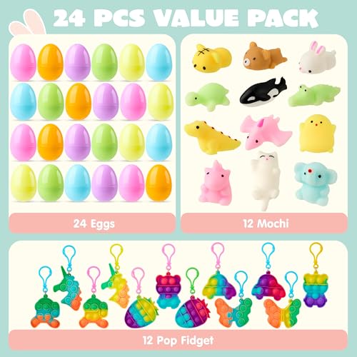 JOYIN 24 Pcs Prefilled Easter Eggs with Assorted Toys, Filled with Mochi and pop Bubble Keychains, Easter Stuffed Toys for Kids to Egg Hunt, Kids Basket Stuffers, Party Favor, Classroom Prize - style: Cute