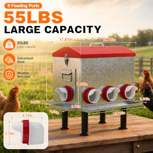 55 LB 10-Gallon Automatic Chicken Feeder, Large Metal Poultry Feeder with Window, 4-Sided No-Waste Feeding Design, Rust-Resistant Steel with Adjustable Legs for Outdoor Coops - size: 55 lb - 8 Ports