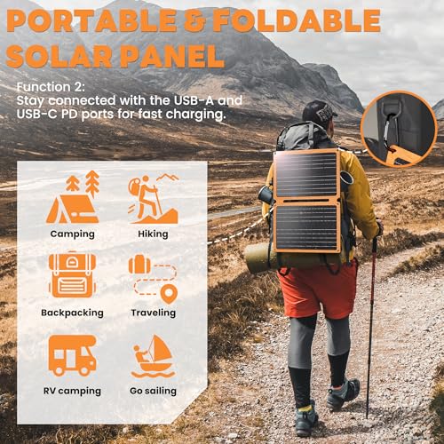 FieryRed 20W 12V Solar Panel Car Battery Charger & Maintainer, Foldable Trickle Charger with Built-in Controller, Cig Plug, Alligator Clips, USB-C, USB-A Outputs for Car, Boat, RV, Tractor - size: 20W