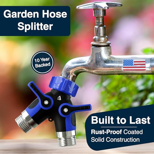 DBR Tech® Hose Splitter 2 Way, Heavy Duty Metal Connector, Two Way Garden Hose Splitter, High Flow Spigot Faucet Bib Adapter, Solid Double Y Shut Off Valve for Outdoor Gardening Hoses, Blue - color: Blue