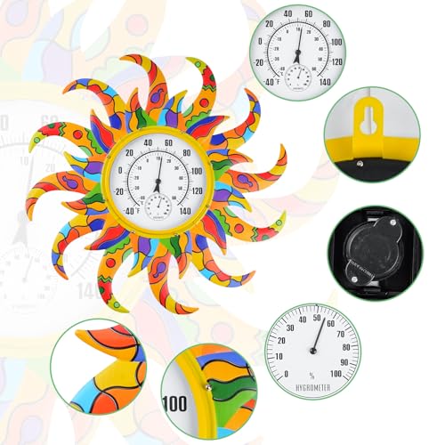 Colorful Sun Outdoor Thermometer & Hygrometer Combo, 25 Inch Indoor Outdoor Wall-Mounted Thermometer Large Numbers, Decorative Indoor Outside Thermometer for Patio, Garden, Living Room,Wine Cellar
