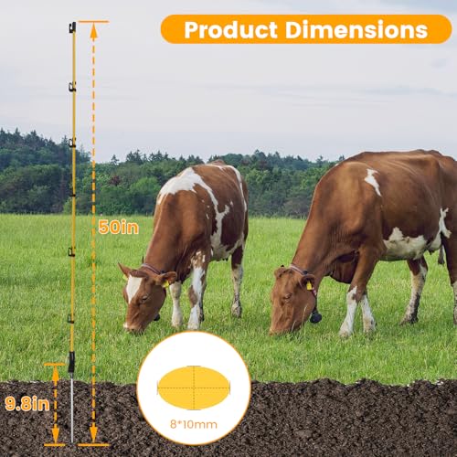 80 PCS Electric Fence Posts, 3/8" x 50" Step in Fence Post | 6 Wire Clips, Metal Ground Spikes, Easy Step-in Fiberglass Fence Posts for Temporary Electric Fencing, Farm Livestock, Garden - size: 50Inch-80PCS