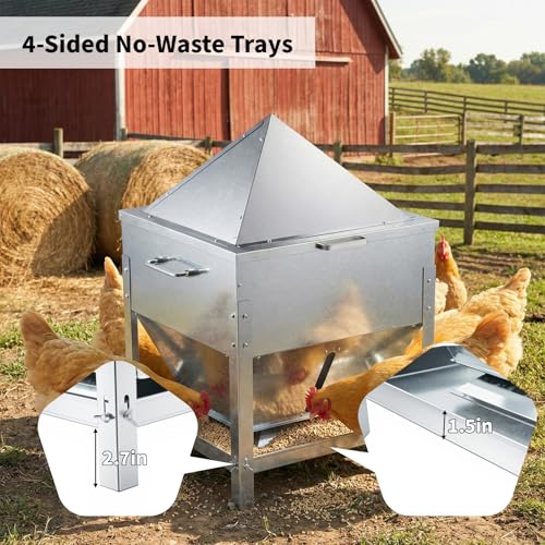 Automatic Chicken Feeder, 80lb Large Capacity Chicken Feeder, No Waste Gravity Poultry Feeder with Legs and Rain Proof Lid, Metal Outdoor Poultry Feeders for Hens, Ducks, Roosters, Free-Range Coops
