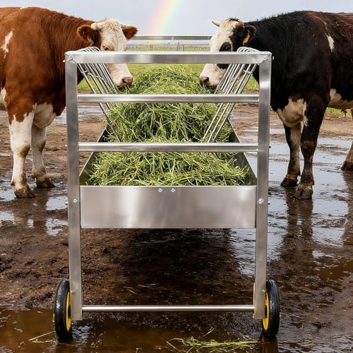 Rolling Hay Feeder with Grain Trough for Goats and Sheep 2 in 1 Freestanding Livestock Cart on Wheels Heavy Duty Galvanized Steel Construction Easy Move Across Pasture or Barn Floor