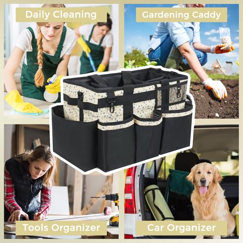 SCAVATA Wearable Cleaning Caddy, Cleaning Caddy Supplies Organizer with Handle & Shoulder Straps for Housekeepers, Under Sink & Car Cleaning Tool Organizers Bag with 4 Foldable Divider (YellowFlower) - color: YellowFlower