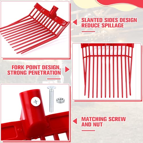 Lasnten 6 Pack Manure Fork Replacement Heads 12 Tines Heavy Duty Pitchfork Heads with Screws & Nuts Durable Horse Manure Rake for Picking up Grass Hay Animal Waste(Red) - color: Red