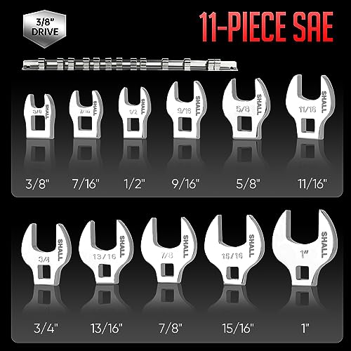 SHALL 3/8" Crows Foot Wrench Set, 11-Piece SAE Crowfoot Wrench Set with Clip-on Organizer, 3/8"-1", Tools for Mechanics, Access Fasteners in Tight Spaces - size: 9.5 - 25.4 mm