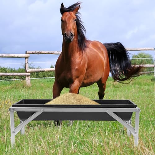 Livestock Feed Trough with Metal Stand 39" Long Large Capacity Livestock Feeder for Lambs Foals Calves Sheep Horses Alpacas and Goats in Farm (Silver+Black) - color: Silver+Black