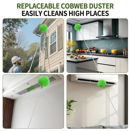 Cobweb Duster with Extension Pole, Washable Cleaning Duster Set with 2 Duster Heads, Corner Brush, 15-110-Inch Telescoping Pole for high Ceiling Fans, Long Duster for high Ceilings，Spider Web Brush