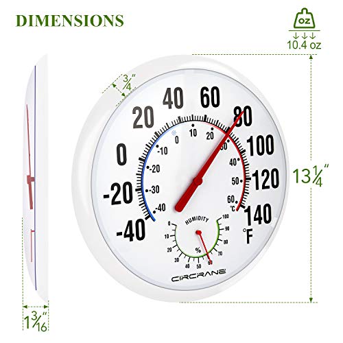 Circrane 13.25 Inch Round Thermometer with Hygrometer, Large Indoor Wall Patio Bimetal Weather Thermometer, No Battery Required, White - color: White
