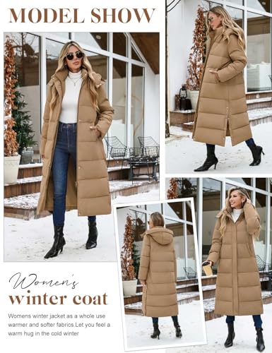 UMIPUBO Women's Long Maxi Down Coat Winter Puffer Jacket | Extra-long,Water Repellent,Side pocket,Faux Fur Removable Hood,Full-Zip,Warm Padded Outerwear - color: Khaki, size: X-Large