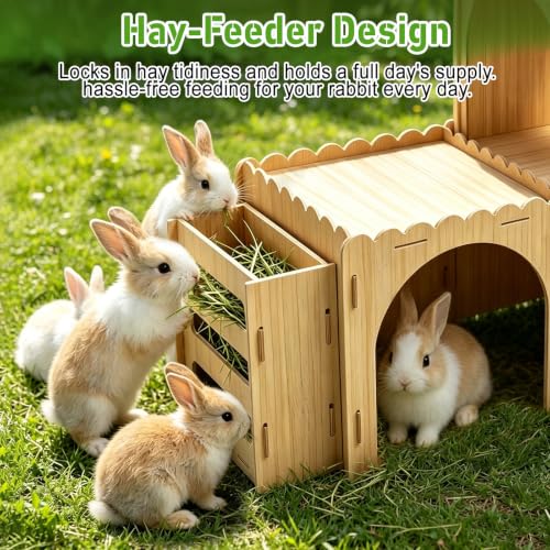 Large Rabbit Castle, Large Rabbit House Wooden Bunny House with Hay Feeder, Tool-Free Assembly for Small Animal Rabbit Guinea Pig Hedgehog
