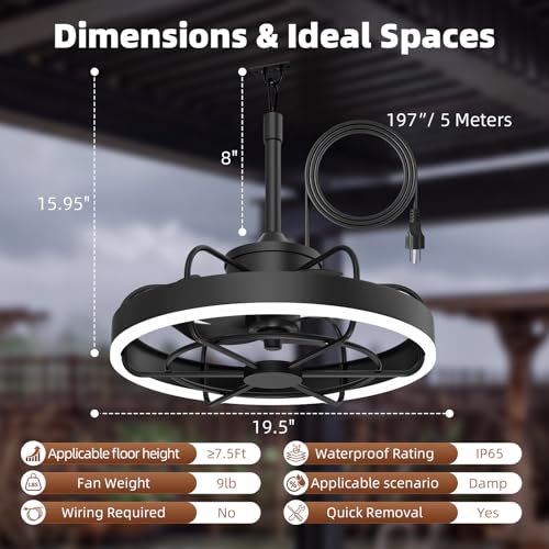 Modern Gazebo Fan with Light, 20" Plug-in Gazebo Ceiliing Fan with App/Remote Control, Outdoor Ceiling Fan with Light IP65 Waterproof, 3 CCT Light, for Gazebo - Black - color: Black