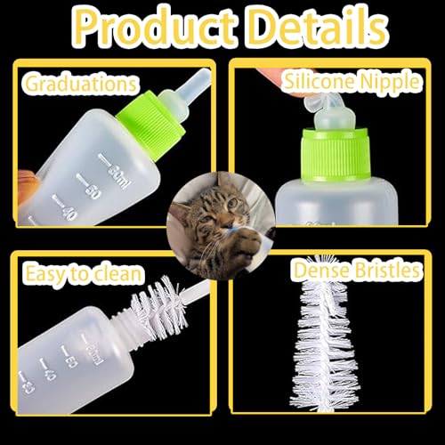 60ml Newborn Pet Feeding Bottle Kit | Puppy Kitten Nursing Bottles with 10 Silicone Nipples, Cleaning Brushes & Nipple Puncher | Anti-Choke Milk Feeder for Small Animals