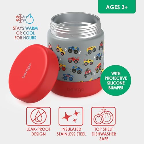 Bentgo Kids Stainless Steel Leak-Proof Food Jar for Hot or Cold Food | 11 fl oz Double Insulated Container with Removable Silicone Bumper, Dishwasher Safe, Easy Open Lid, Ages 3+ (Trucks) - color: Trucks