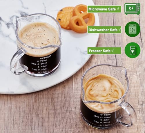 Ackers Espresso cup with Handle, Thickened Bottom and Wall, Double V-Shaped Spout,2.5OZ Milk Frothing Pitcher,75ML Milk Cup with Handle, Espresso Accessory (Pack of 2) - style: Printed Graduations(Pack of 2)