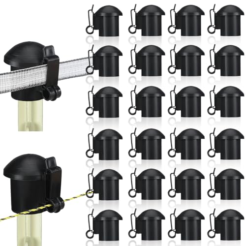 DoubleFill 24 Pcs Electric Fence Insulators and T Post Safety Cap, T Post Safety Topper Black Plastic Insulators for Wood Posts Wire Holding Fencing Garden Farm Highway Sport Fences Supplies (Black) - color: Black