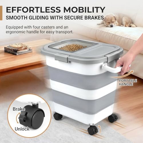 Collapsible Pet Food Storage Container, Airtight Dry Kibble Container with Detachable Wheels and Handle Storage Bin, Foldable Dog Cat Food Holder for Pantry Organization, 22-24 lbs
