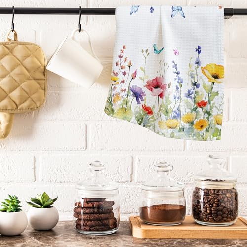 Spring Colorful Flowers & Butterflies Kitchen Towel - 16 x 24 Inches Wildflowers Kitchen Hand Dish Towel - Decorative Fast Drying Home Dishcloth Decor Gifts for Friends Family - A13 - color: Flowers