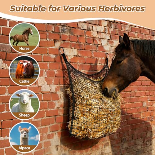 2 PCS Slow Feed Hay Net for Horses, Large Capacity Hay Bags with 4 Carabiner Clips and Gloves, Heavy Duty Slow Feeder for Horse Goat Sheep, Full Day Feeding for Stall Trailer, Black, 35 x 31 Inch