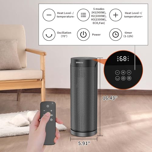 Portable Space Heater for Indoor Use with Remote - QOWETU 70° Oscillating Electric Heater, 17 Inchs, 12H Timer, 1500W Quiet PTC Ceramic Heating with Thermostat, Fast Safety Heat for Home, Bedroom - size: 17" Portable Fan Heater