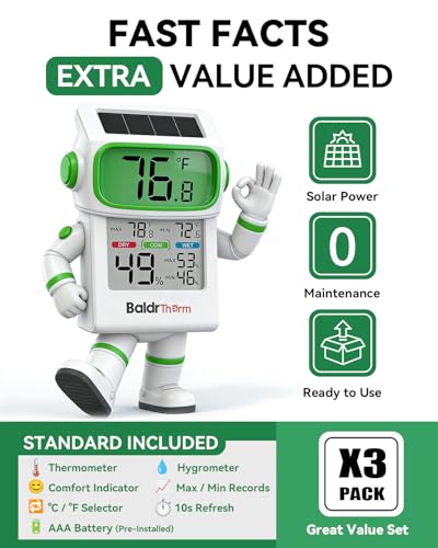 BALDR Indoor Thermometer Hygrometer, Solar Power with Battery Backup, Large Display, Daily Max/Min & Comfort Indicator Humidity Meter | Solar & Battery Dual Power |No Setup or App Required |Clear Comfort Level Indicator |Flexible Desk or Wall Placement -