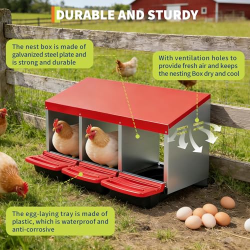 Chicken Nesting Boxes, Metal Chicken Egg Laying Box, Hen Nesting Box with Swing Perch and Rollout Egg Collection for Chicken Coop, Red, 3 Compartments - color: Red with 3 - Slot