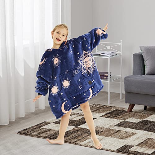 THREE POODLE Wearable Blanket Hoodie for Kids, Oversized Sherpa Sweatshirt Blanket with Giant Hood, Warm Cozy Hooded Blanket, Cute Gifts for Kids Girls Boys - color: Deep Blue Star, size: Kids