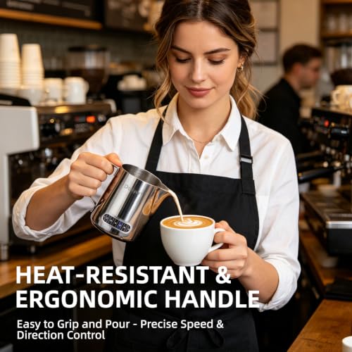 Dailyart Milk Frothing Pitcher 20oz Milk Frother Cup with Thermometer | 304 Stainless Steel 600ml Milk Pitcher with Scale Espresso Machine Accessories for Coffee, Cappuccino, Espresso,Latte Art - size: 20.3 Ounces