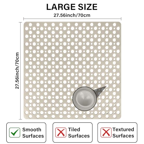 Square Shower Mat Non Slip, 27" x 27" Large Shower Mats for Inside Shower, Soft TPE Shower Floor Mat with Suction Cups and Big Drain Holes, Anti Slip Shower Stall Matt, Khaki - color: Khaki
