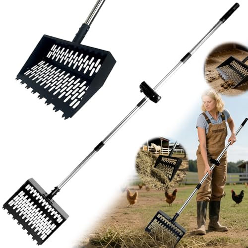 Chicken Poop Scooper, 2-in-1 Coop Scoop & Chicken Poop Rake, 12" Wide Sifting Shovel with 25-66" Adjustable Stainless Steel Handle, Heavy Duty Metal Pooper Scooper for Backyard Chicken Coop