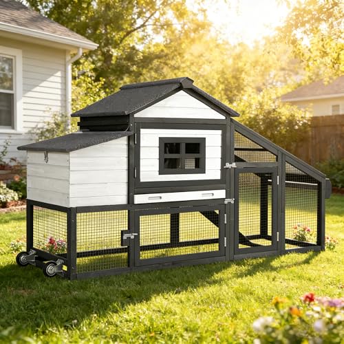 Aivituvin Chicken Coop with Run and Wheels, Mobile Outdoor Hen House Wooden Poultry Cage with Waterproof Roof (Black, AIR23) - color: Black, size: 67.3"L x 26.0"W x 39.4"H